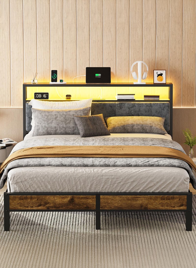 يانارا سرير بمقاس كوين/كينج مع رأس سرير ذي رفين تخزينيين، منصة سرير مع محطة شحن، إضاءة LED، لا حاجة لصندوق زنبرك، خالٍ من الضوضاء، 160سم×200سم/180سم×200سم - Image 1